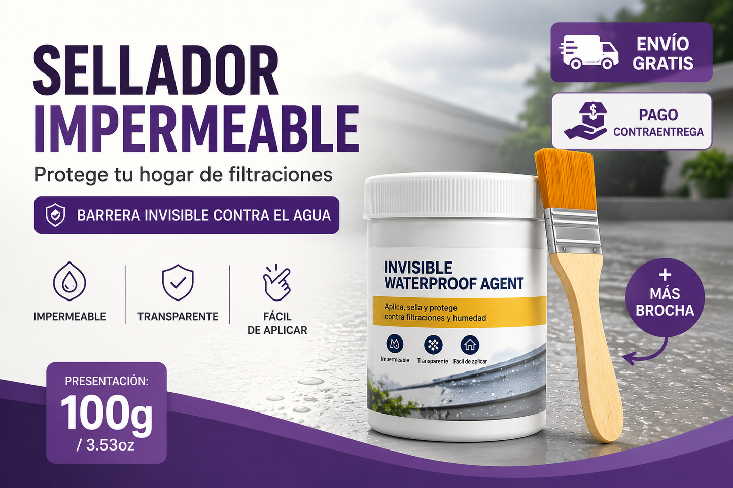 Sellador Impermeabilizante Invisible + Brocha de Madera Incluida